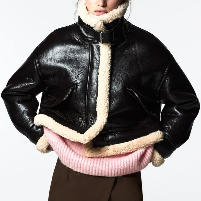 

LY VAREY LIN New Autumn Winter Thick PU Leather Jacket Women Faux Soft Leather Sheepskin Fur Jacket Lady Loose Warm Snow Outwear