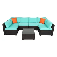 Brown Gradient Rattan Lake Blue 7pcs Fashion Sofa Furniture Set Middle Sofa Seat Cushion Long Cushion Tea Table Hold Pillow Set