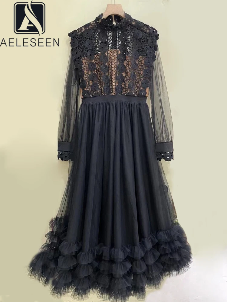 Женское длинное платье с оборками AELESEEN черное Сетчатое вырезами элегантное