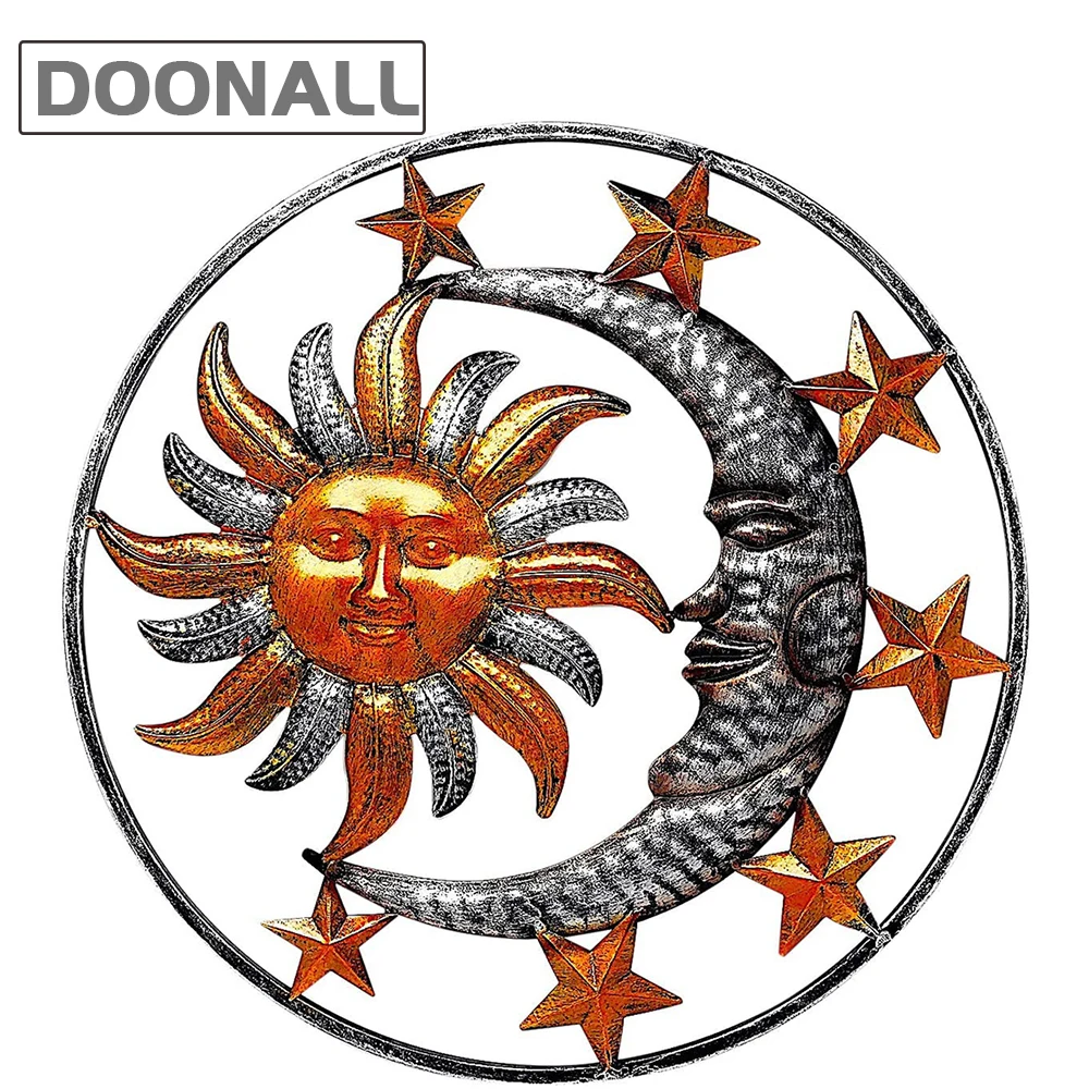 

Художественная металлическая настенная художественная скульптура с Луной и звездами, украшение для дома и улицы с деревенской отделкой ди...