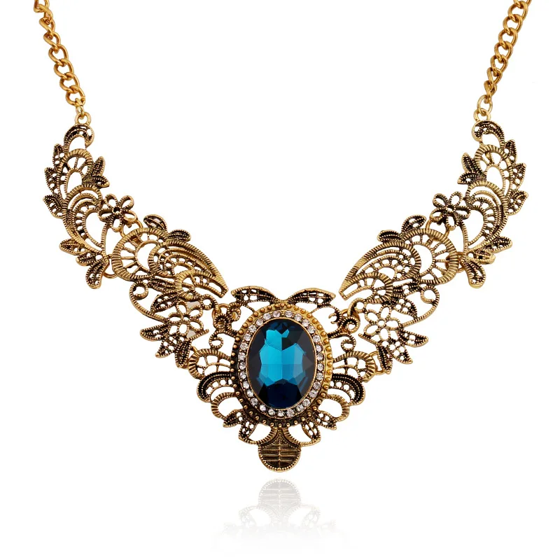 

Blue Crystal Necklace Openwork Metal Lace Flower Choker Gold Color Vintage European Style Collarbone Chain Jewelry for Women