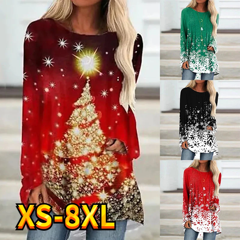 

Women's T shirt Tee Cartoon Christmas Tree Snowflake Sparkly Print Casual Holiday Weekend Long Sleeve Flower Round Neck XS-8XL