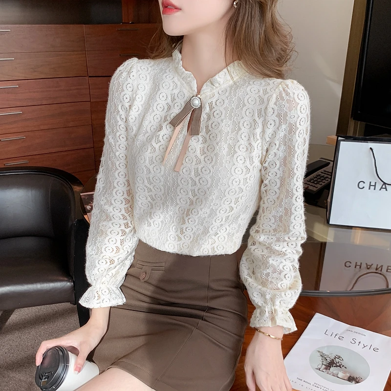 

Однотонные кружевные блузки с полуворотником, рубашка, женские топы, весенняя одежда, новинка, Модный пуловер с длинным рукавом, кружевная ж...