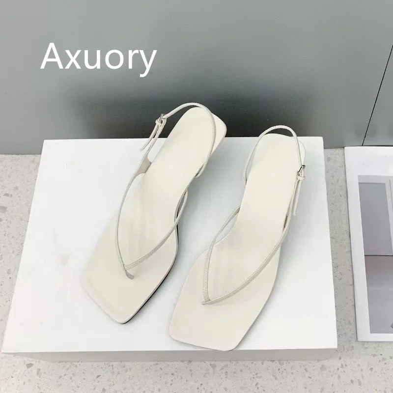 2023 New The Sandals Genuine Leather Flip-flops Retro Style Solid Color Square head Top Quality Summer Wear High Quality