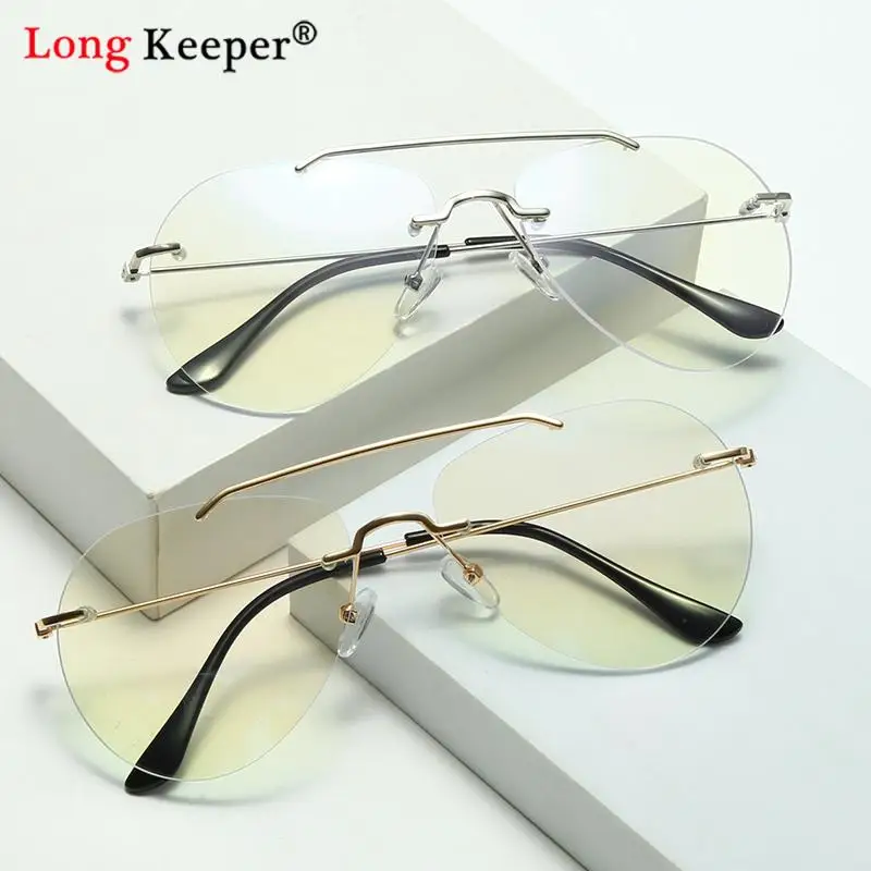 

New Retro Double Bridges Anti Blue Light Glasses Pilot Rimless Computer Men Eyeglasses Goggles Optical Eyewear Women Longkeeper