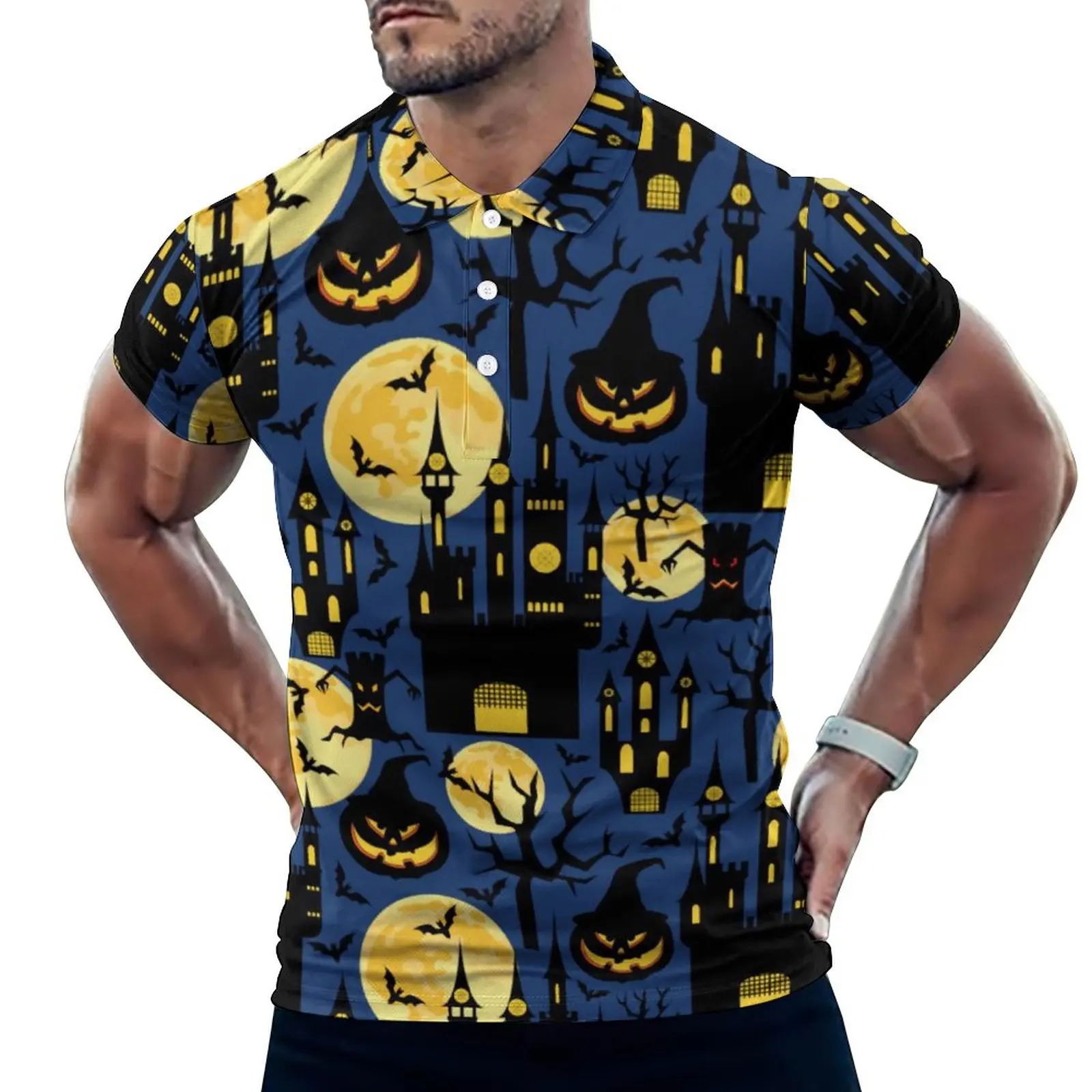 

Повседневные рубашки-поло для Хэллоуина, футболки с короткими рукавами и принтом «летучая мышь» в виде дома с привидениями, летние топы бол...