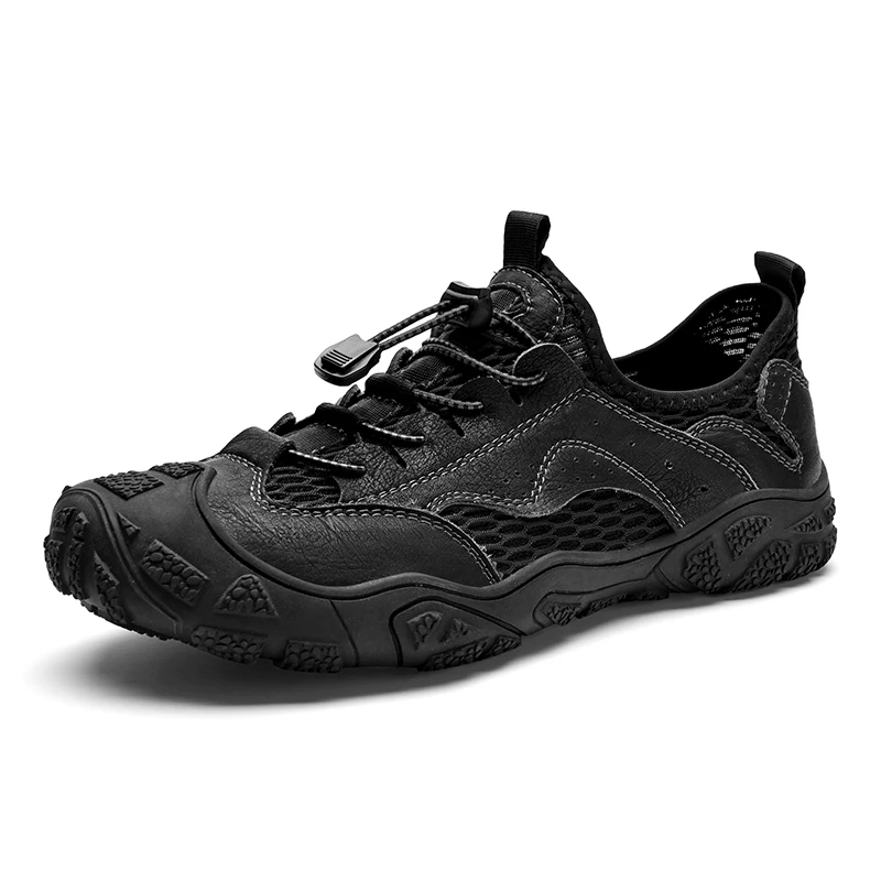 

HKAZ-S New Men's Fashion Quality Large Outdoor Sports Casual Leather Mesh Panel Sandals Breathable and Comfortable Flat Bottom