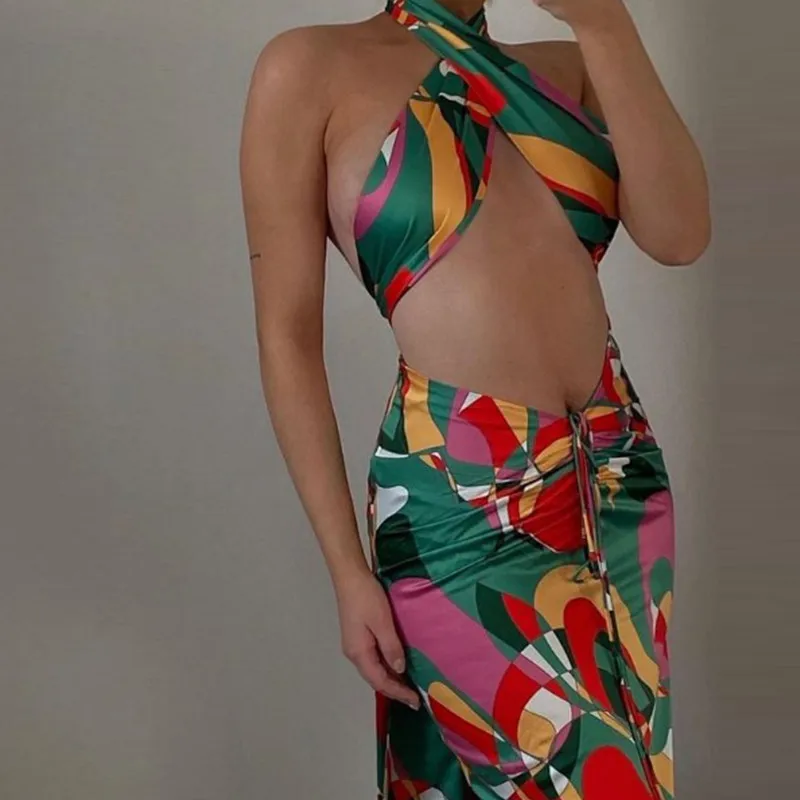 

2022 Sexy Print Tracksuit Woman Two Piece Boho Outfit Suits Halter Bandage Tanks And Ruched Drawstring Midi Skirts Matching Sets