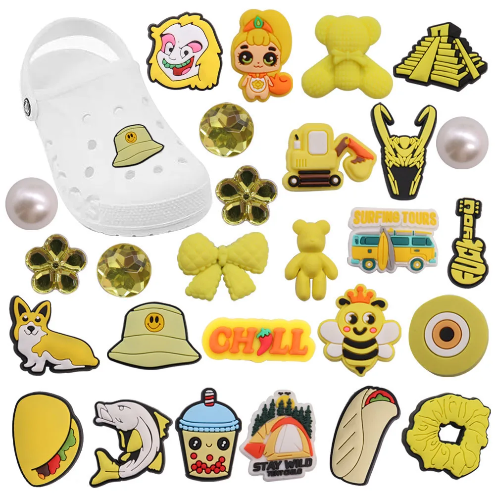 Mix 50pcs PVC Shoe Charms Yellow Excavator Dog Bee Drink Food Accessories DIY Shoe Decorations For Croc Jibz Kids X-mas Gift