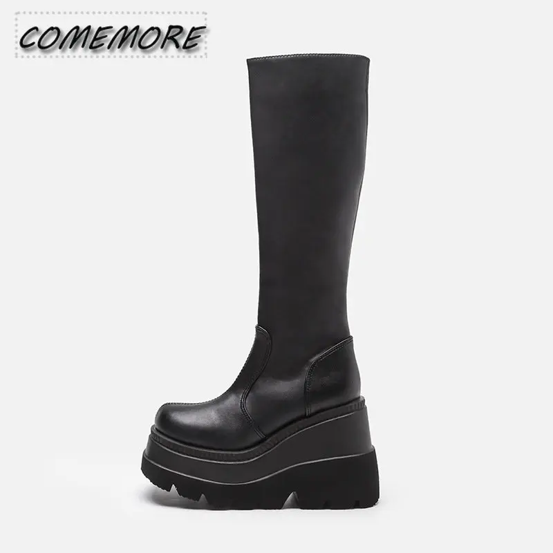 

Platform High Heeled Women Knee-high Boots Gothic Black Style Street Brand New 2023 Autumn Great Quality Cool Women Shoes Boots