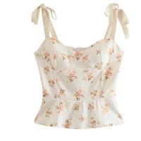 2021 french prairie chic floral print crop top ruffle sweet hot bow lace up wide strap vest tight fitting women camisole
