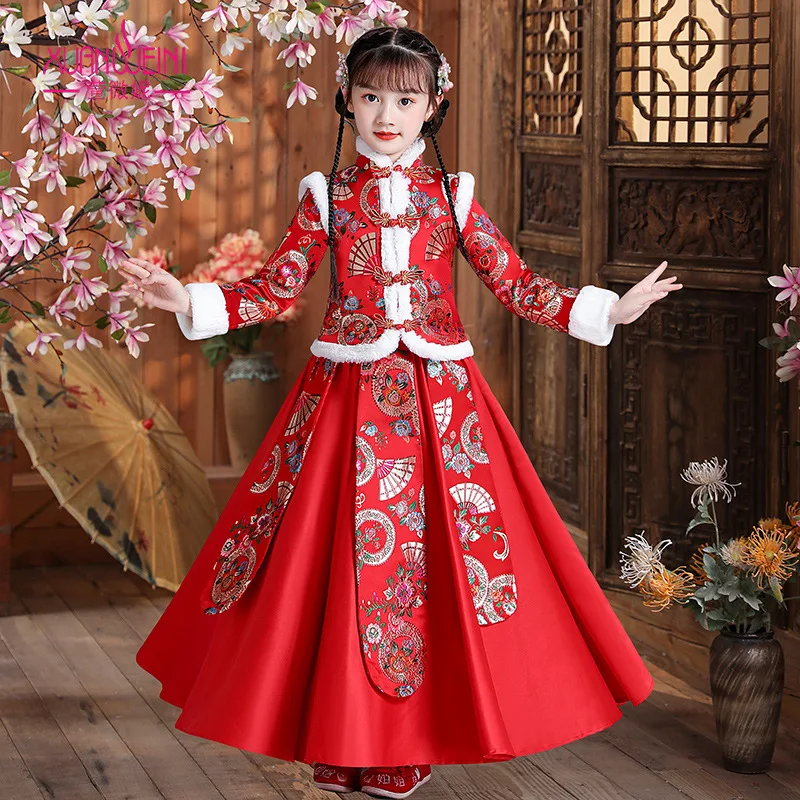 

Hanfu осень и зима плюс бархатный китайский стиль костюм Тан утолщенное Новогоднее платье красные костюмы для девочек и детей