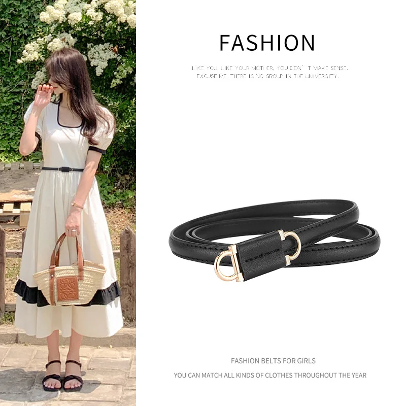 Women's Fashionable and Versatile LeatherCowhide Decorative Belt with Alloy Buckle and Jeans Skirt PopularDouble BuckleThin Belt