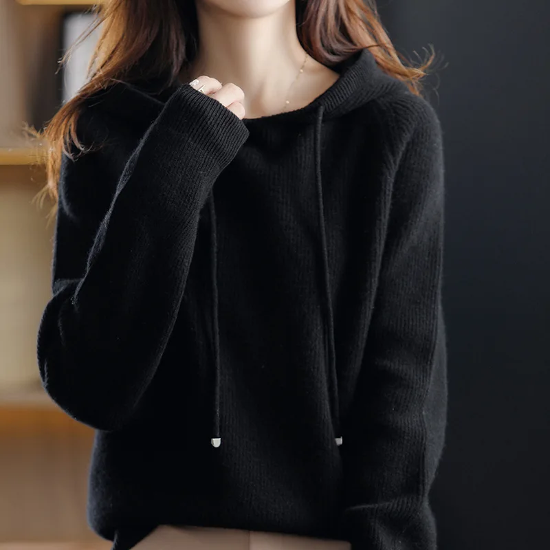 

2022 Autumn Winter New Women Knitted Hoodie Lazy Style Thickened Pullover Casual Loose Design Solid Color Top Female Clothing