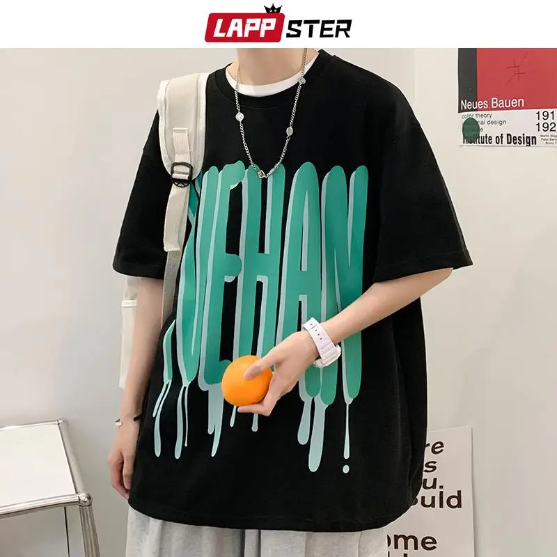 

Футболка LAPPSTER в стиле Харадзюку с графическим принтом, хлопковая черная корейская мода, футболка оверсайз, повседневная винтажная уличная ...