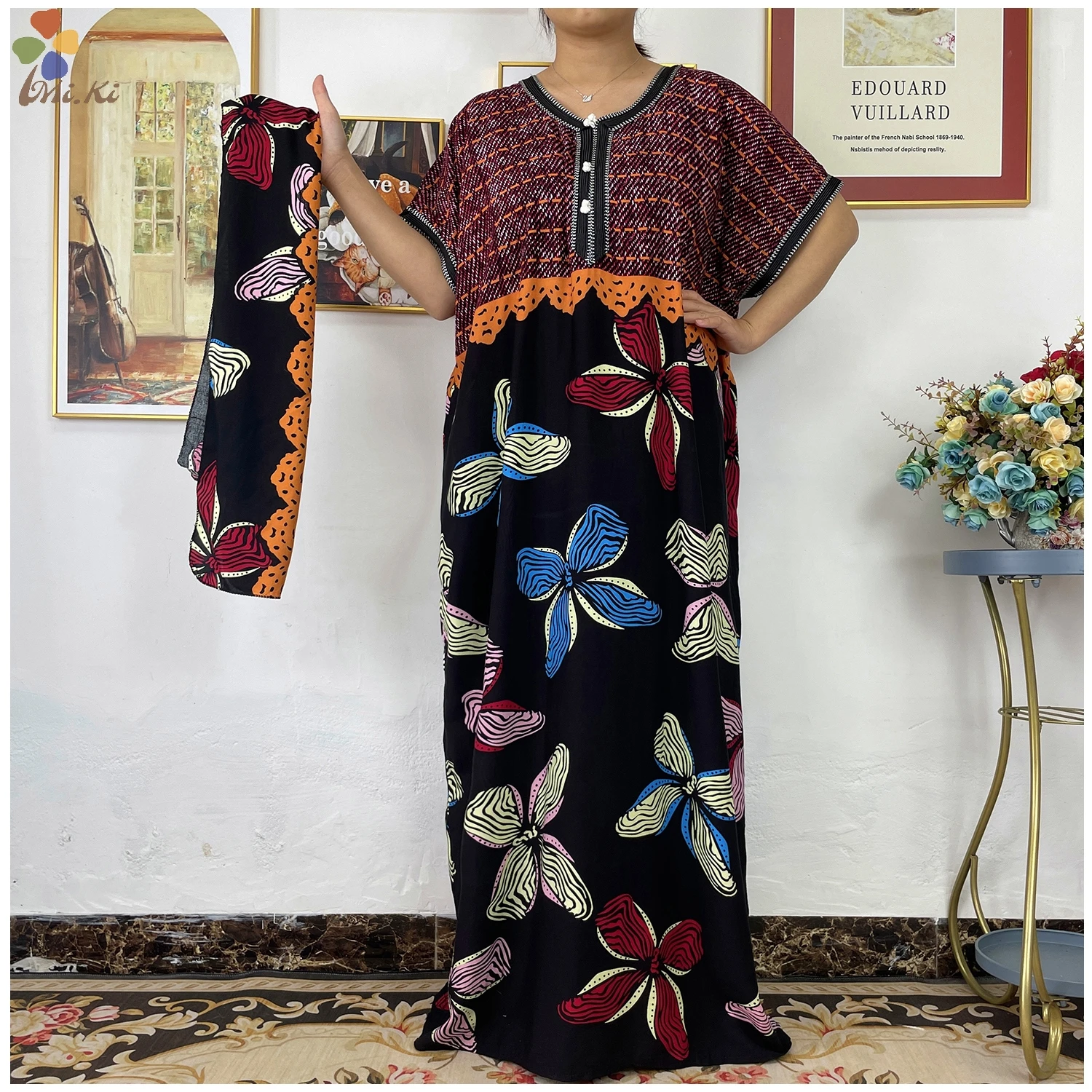 

Новое высококачественное платье с коротким рукавом 2 шт. Африканское женское платье Дашики с цветочным принтом хлопковое платье с шарфом женское Повседневное платье