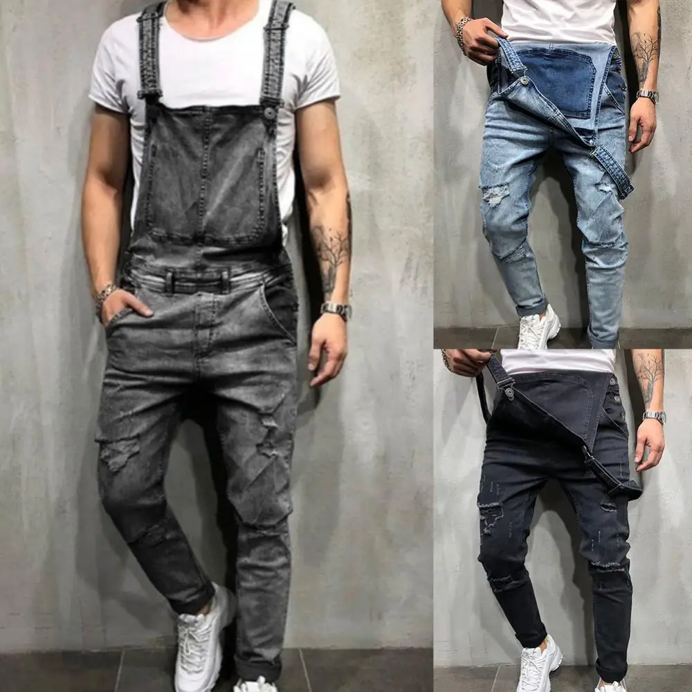 

Long Men Pants Hole Summer Jeans Denim Ripped Retro Overalls Destroyed Jumpsuit