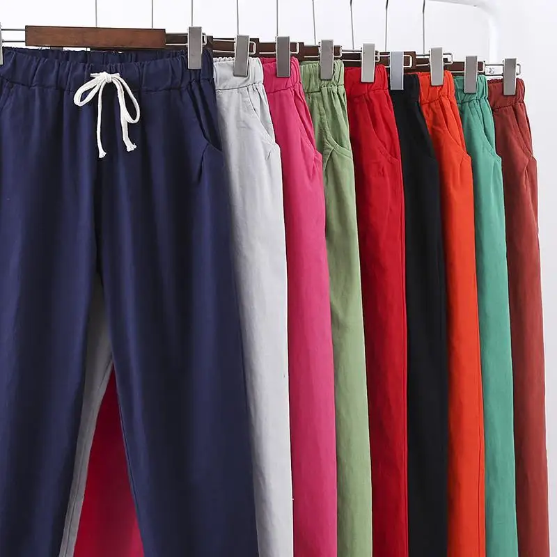 

2022 Spring/summer blast color washed cotton and linen pants Women's casual pants Nine pants Harlan pants pants
