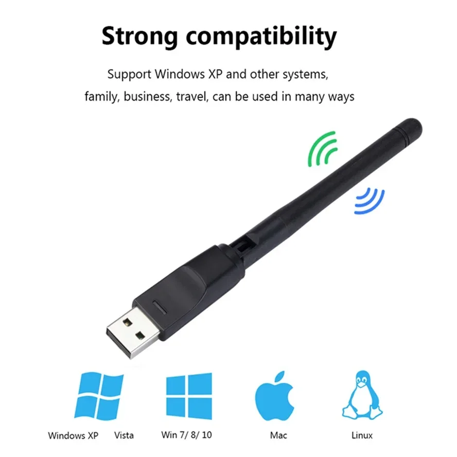 Фото Адаптер USB 2.0 2,4 ГГц, 150 Мбит/с, беспроводная сетевая карта Wi-Fi с антенной, набор микросхем 802.11 b/g/n Ralink MT7601 для портативных ПК, Windows №4