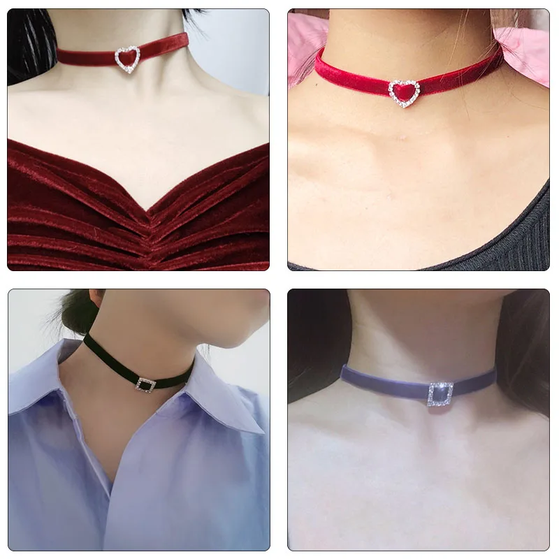 

Fashion Rhinestone Heart Square Decor Velvet Choker Necklace for Women Korean Style Collares Sweet Cosplay Jewelry Wholesale