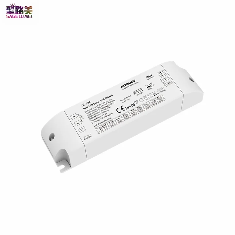 

AC220V Voltage Changer to 10-42VDC 30W 300MA-900MA Triac Dimmable LED Driver Dimmer TE-30A For Downlight Spotlight and Decora