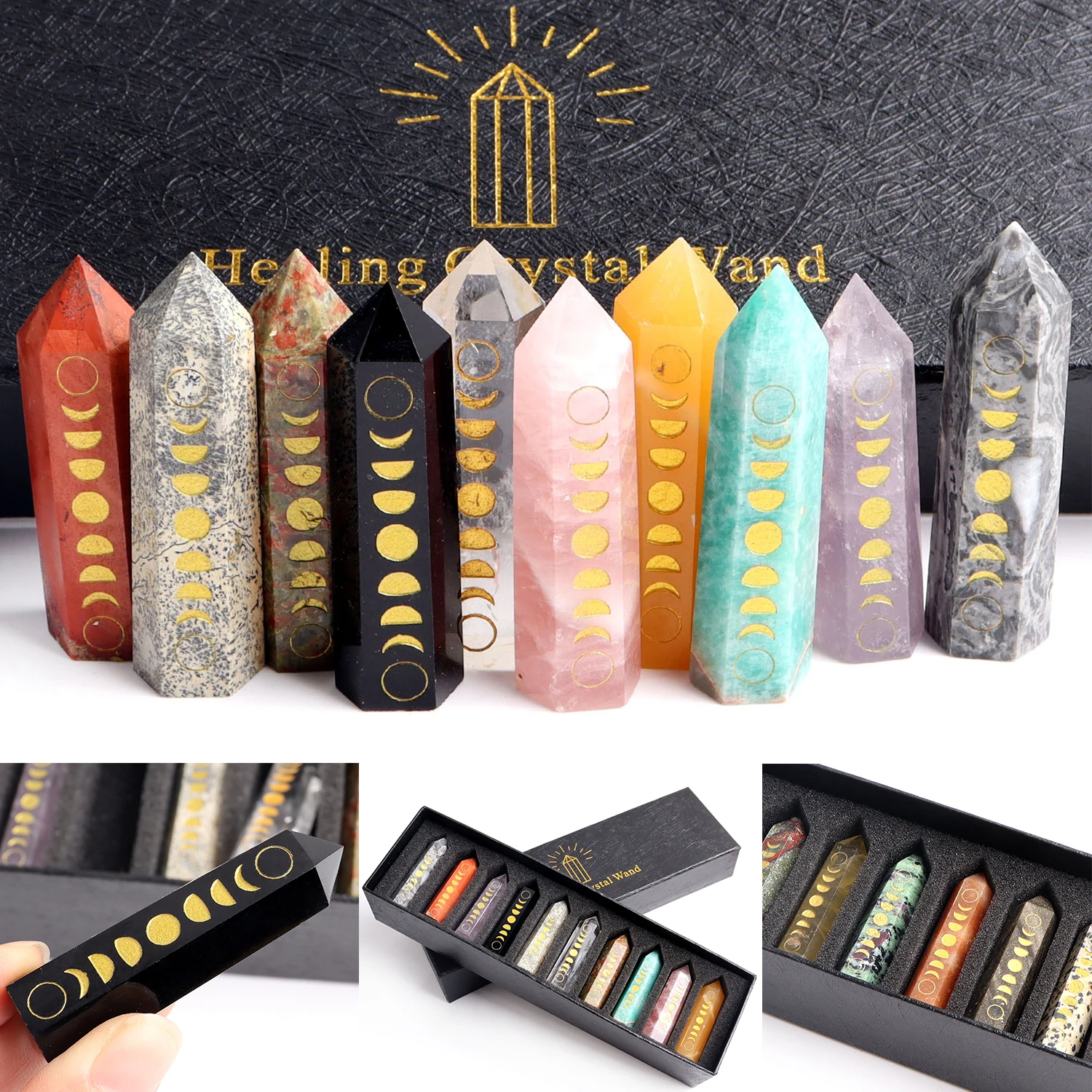 

10pcs/set Natural Crystal Wand Point Carved Moon Phase Mineral Meditation Healing Crystals Stones Jewelry Home Decor Diy Gift