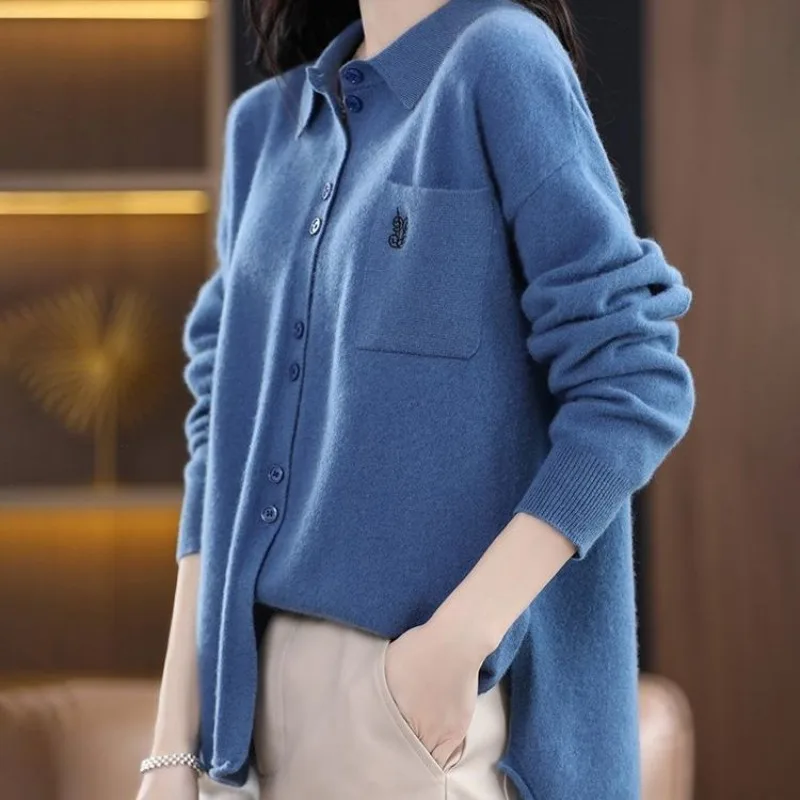 Весенне-осеннее женское однотонное поло с длинным рукавом вязаный кардиган