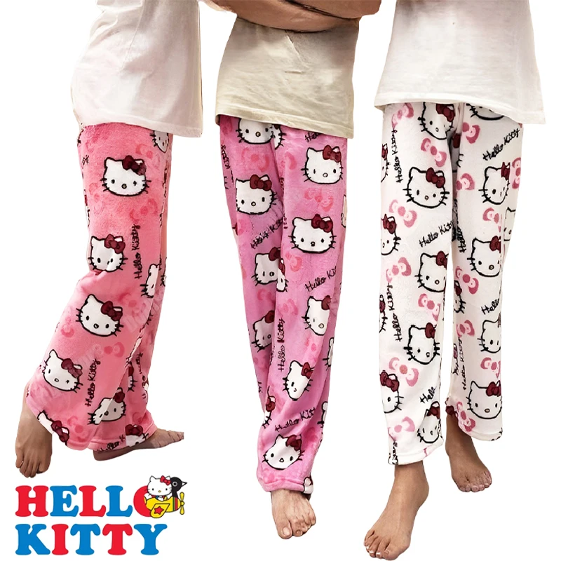 

Kawaii Sanrios Hellokitty Flannel Pants Pajamas Anime Cartoon Cinnamoroll Autumn Winter Women's Warm Plush Woolen Home Trousers