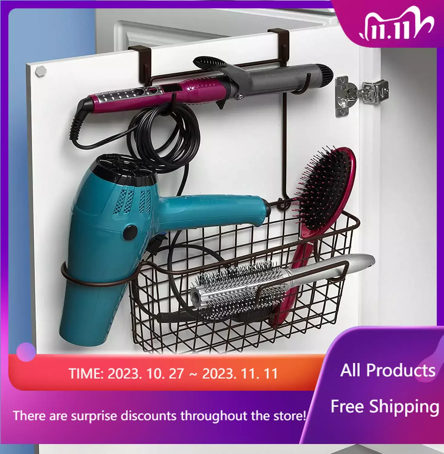 

Steel Over The Cabinet Door Hair Styling Tool Organizer Storage Basket, Bronze, Baskets, Storage Baskets