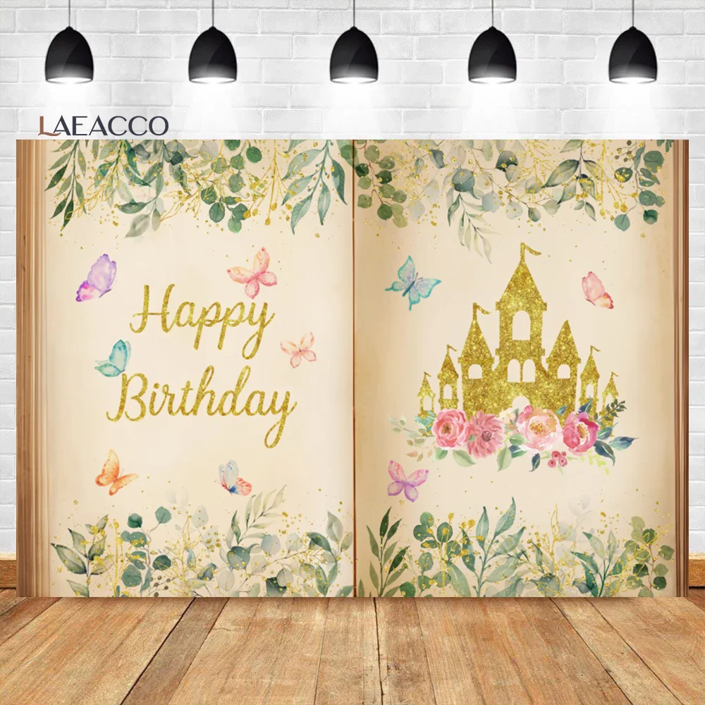 

Laeacco Fairy Tale Books Backdrop Enchanted Forest Castle Butterfly Girls Birthday Baby Shower Portrait Customized Background