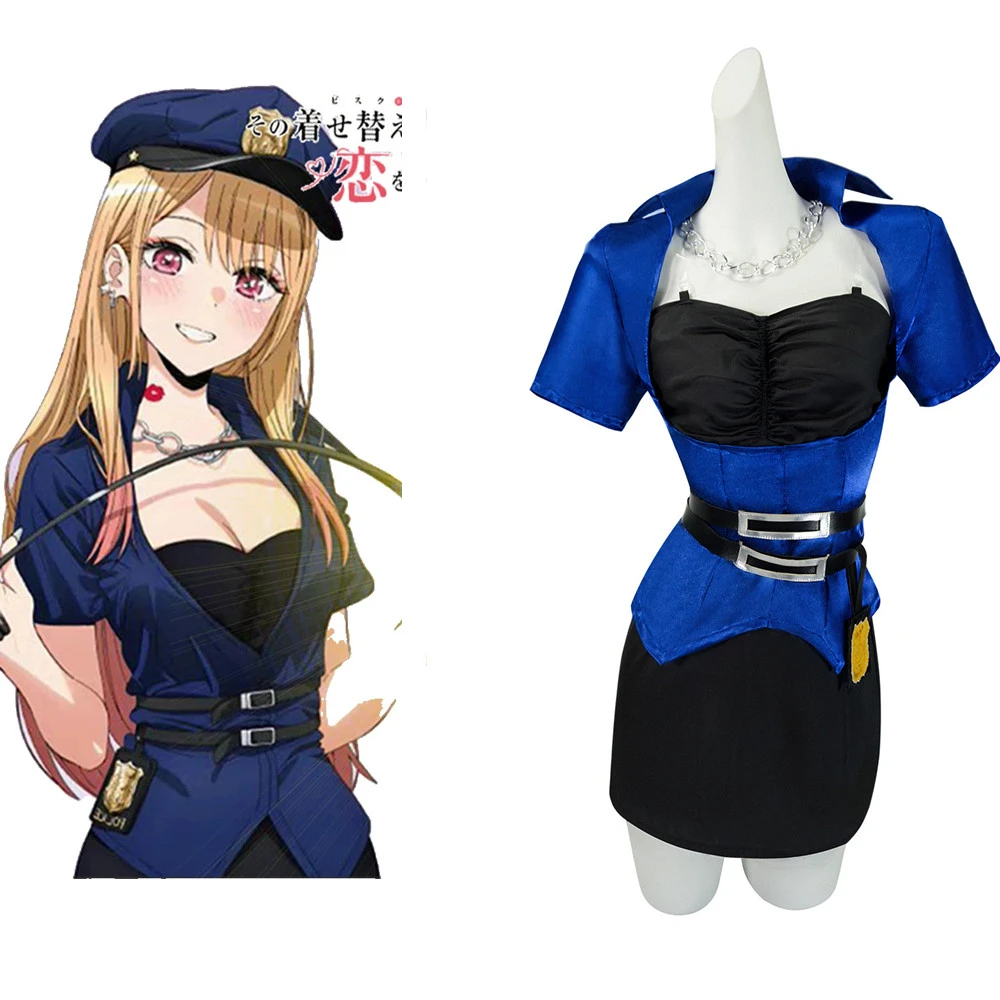 

Anime My Dress-Up Darling Marin Kitagawa Police Uniform Cosplay Costume Policewoman Wig Earrings Hat Blue Coat Dress