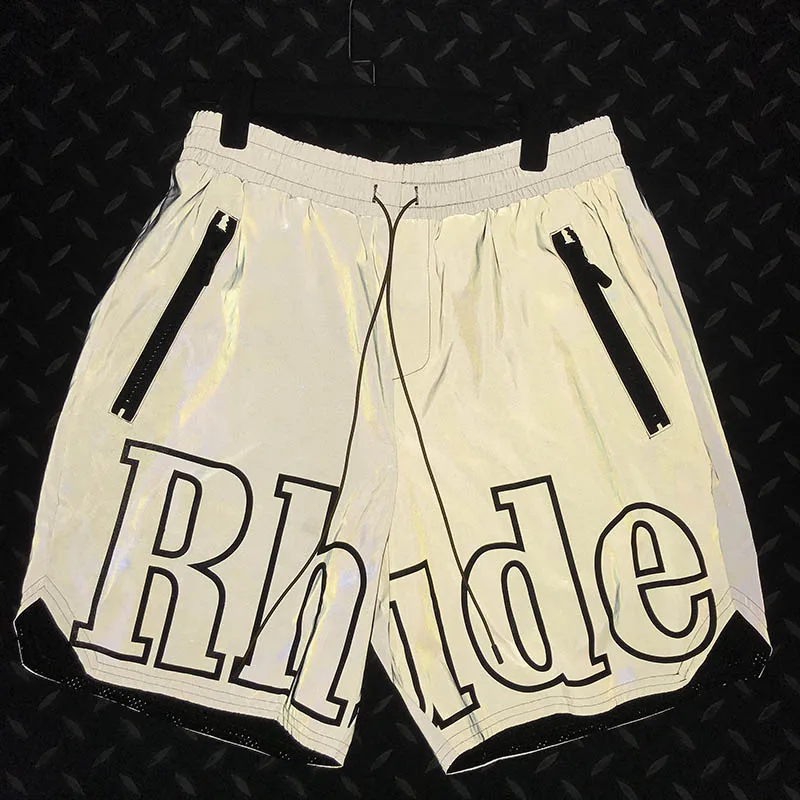 

Rhude Shorts Men Women Fashion Casual 3M Reflective Skateboard Silver L Hip Hop Beach Rhude Pocket zipper Shorts