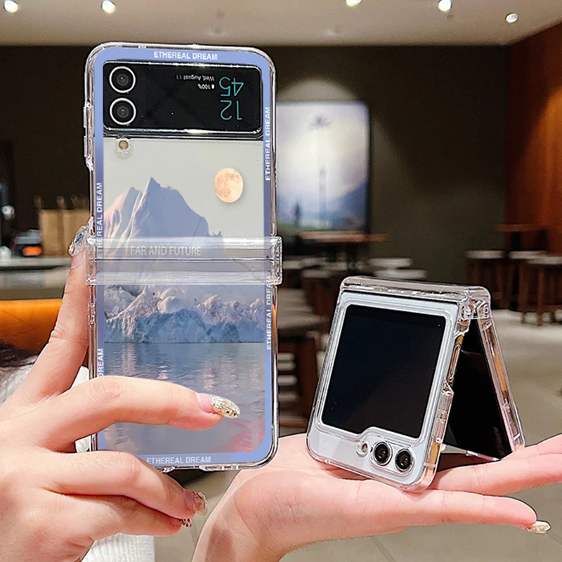 Прозрачный чехол для телефона с пейзажным узором Samsung Galaxy Z Flip 6 5 4 3 5G