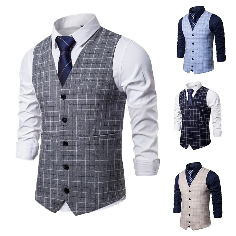 

New Fashion Suit Vest Men Jacket Sleeveless Plaid Vest Fashion Spring Autumn Plus Size Business Casual Waistcoat