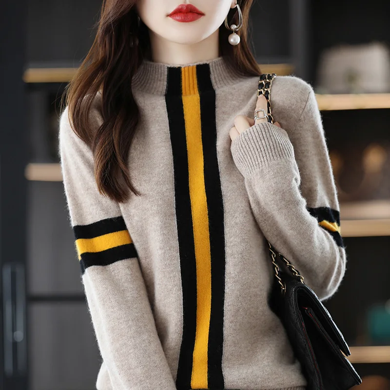 

Color Contrast Long Sleeve Pullover Knit Sweater Autumn Winter High Collar Sweater Korean Style Fashion Sweater for Female 2022