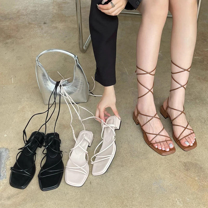 

Ladies Sandals Fashion Cross-tied Female Casual Outside Square Toe Gladiator Women Pumps 2022 Elegant Black Med Heel Shoes