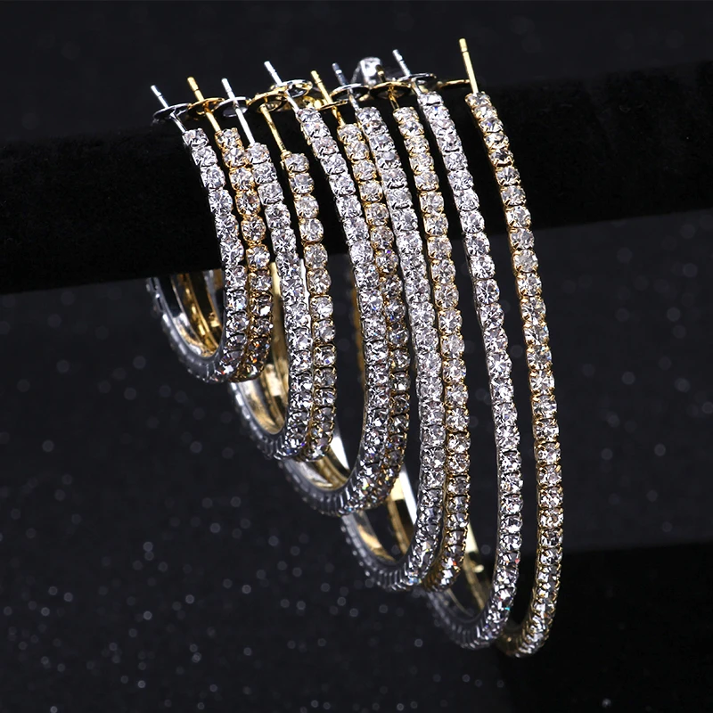 

Big Hoop Earrings Silver Gold Color Black Exaggerated Rhinestone Crystal Round Circle Earrings for Women Party Jewelry 30-80mm