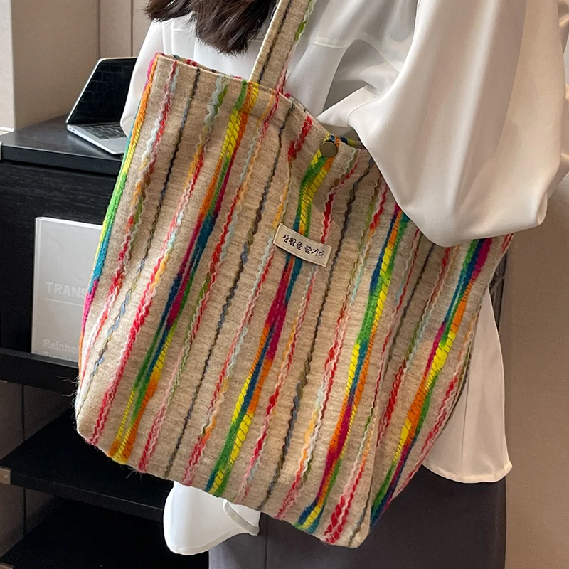 

Canvas Women Shoulder Bags Original Large Reinforced Color Stripe Elegant Embroidered Female Tote Bag Korean Handbags for Ladies