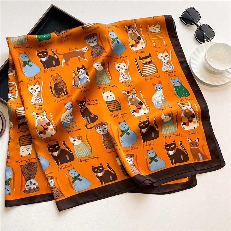 

110*110cm Luxury Brand Silk Square Cat Scarf Women Satin Neck Hair Tie Soft Work Neckerchife Hijab Head Female Foulard Bandana