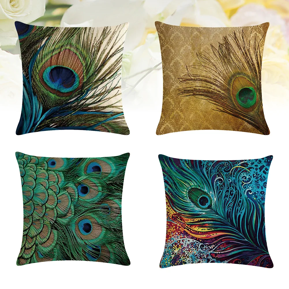 

4pcs Cushion Cover Peacock Pattern 45x45cm Flax Pillowcase Throw Pillow Cover for Sofa