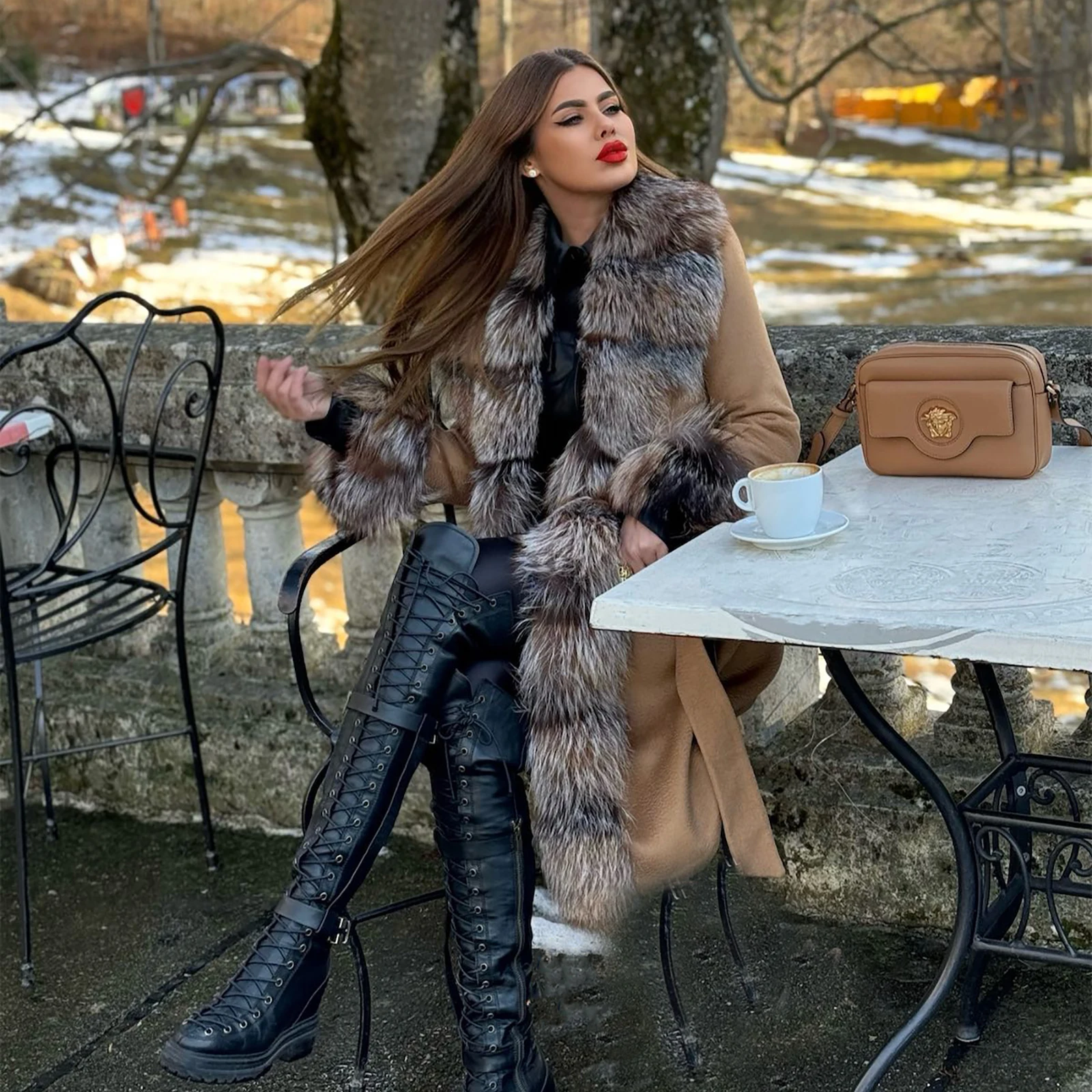 Зимняя мода Меховое пальто из натурального лисьего меха Кашемировые Женское