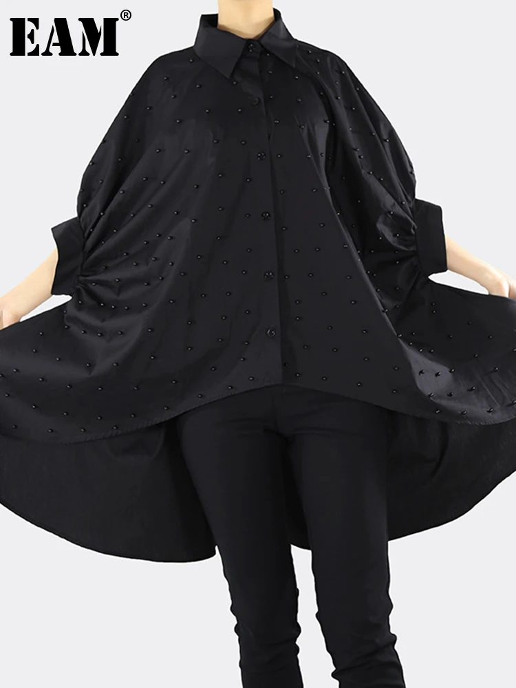 

[EAM] Women Black Irregular Nailed Big Size Blouse New Lapel Half Sleeve Loose Fit Shirt Fashion Tide Spring Autumn 2022 1DE6218