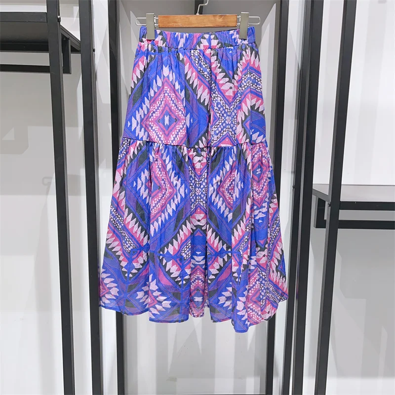 

Women Geometric Print Elastic Waist A-Line Ruffles Holiday 2023 New Midi Skirt