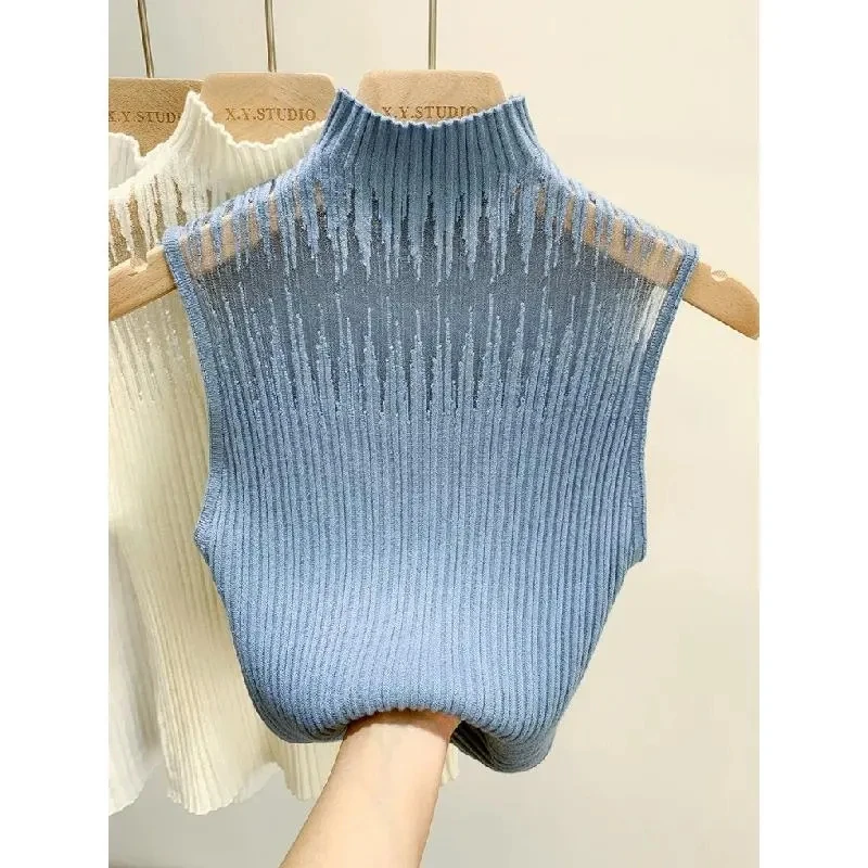 Hollow Out Gauze Tank Top Turtleneck Elegant Sleeveless Design Slim Camis Knitting Solid Chic Corset Summer Women's Tube Top