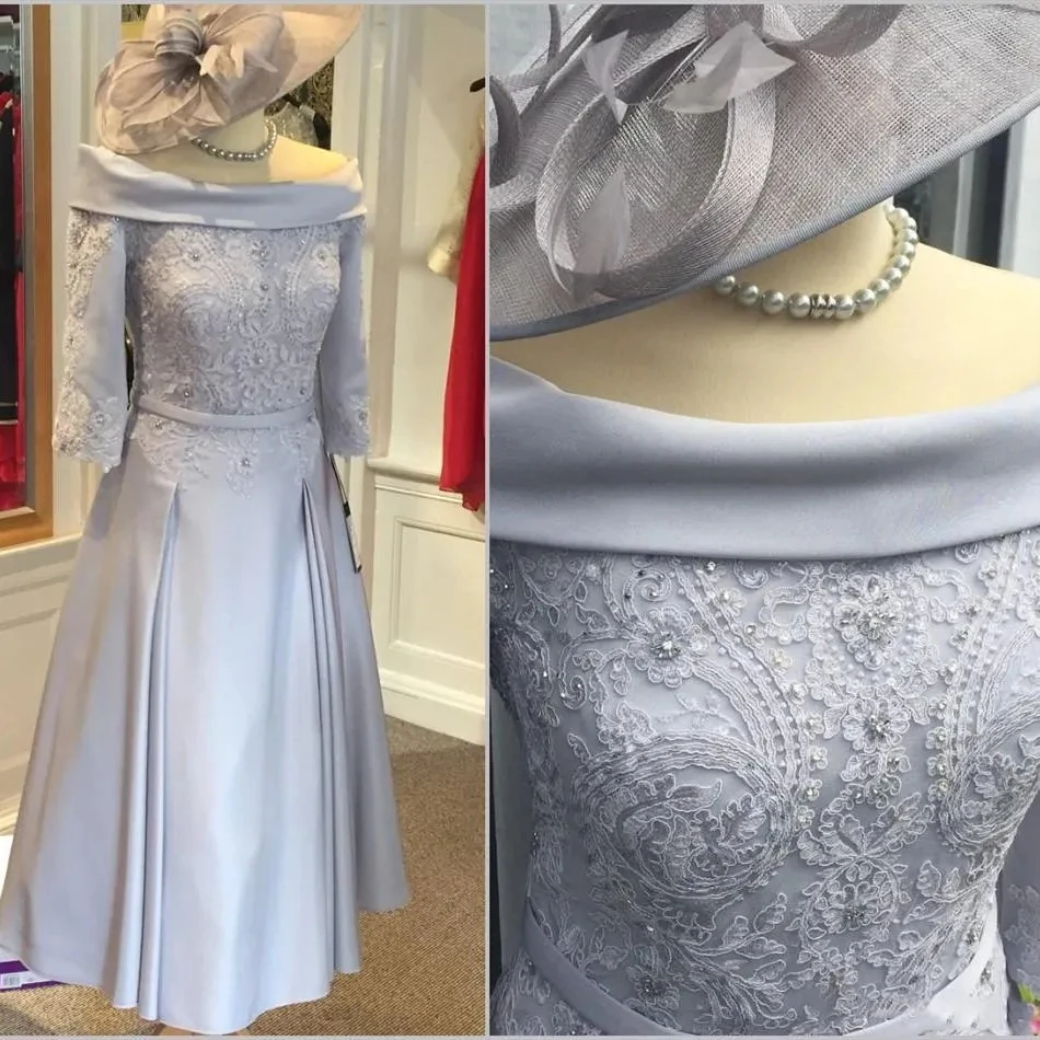

Mother of the Bride Dresses Half Sleeve Tea Length Lace Satin Groom Women Formal Evening Wear Prom Wedding Guest Party Gown