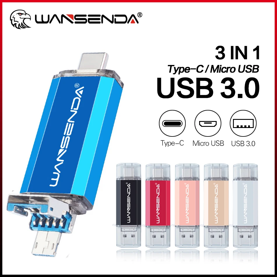 

WANSENDA USB Flash Drive 3 IN 1 USB3.0 & TYPE C & MicroUSB Pendrive 32GB 64GB 128GB 256GB 512GB U Disk for SmartPhone/PC