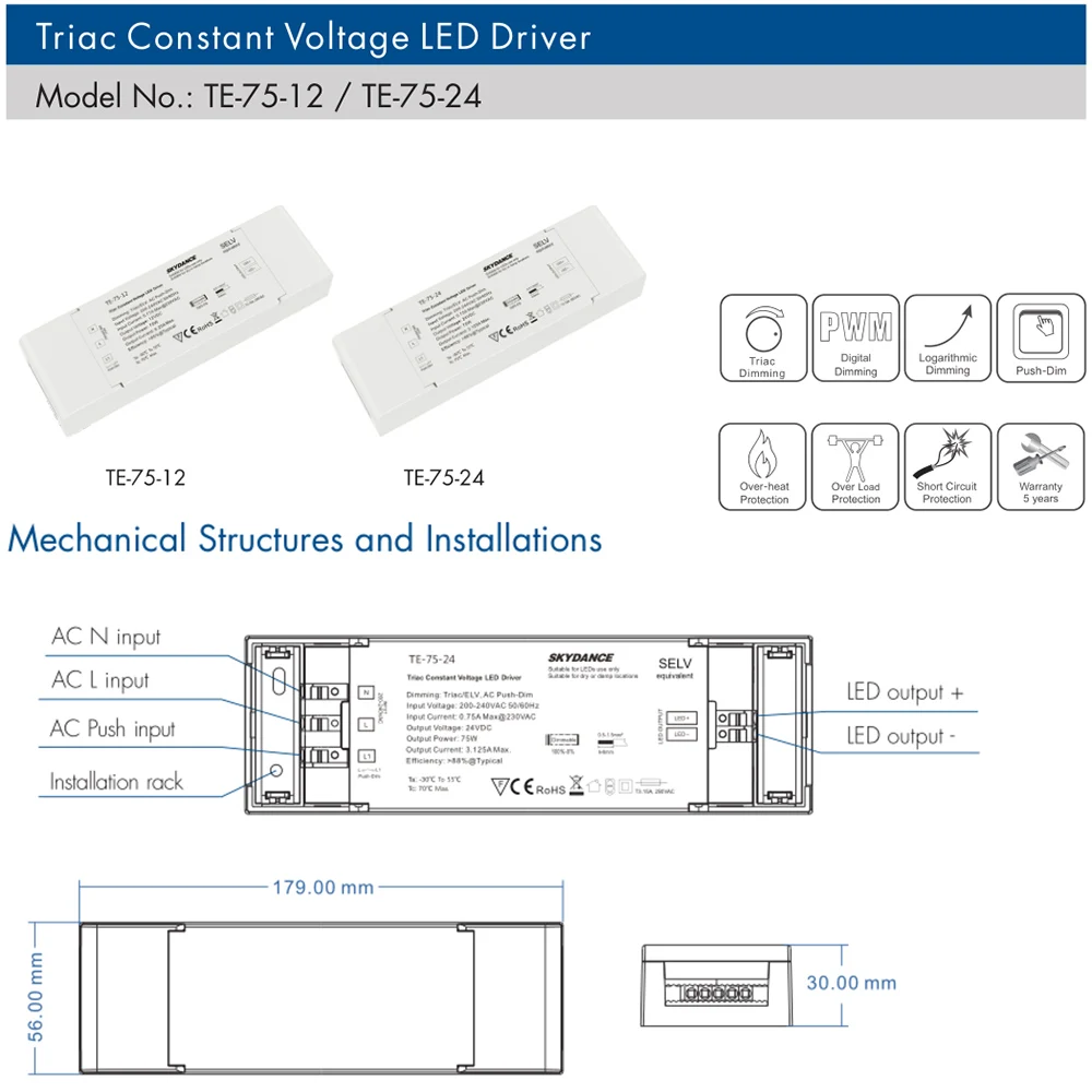Skydance светодиодный драйвер затемнения триака 75 Вт переменного тока в постоянный