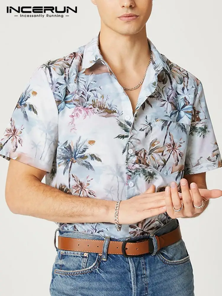 

INCERUN Men Hawaiian Shirt Printing Vacation Lapel 2022 Short Sleeve Pockets Casual Shirts Summer Breathable Streetwear Camisas