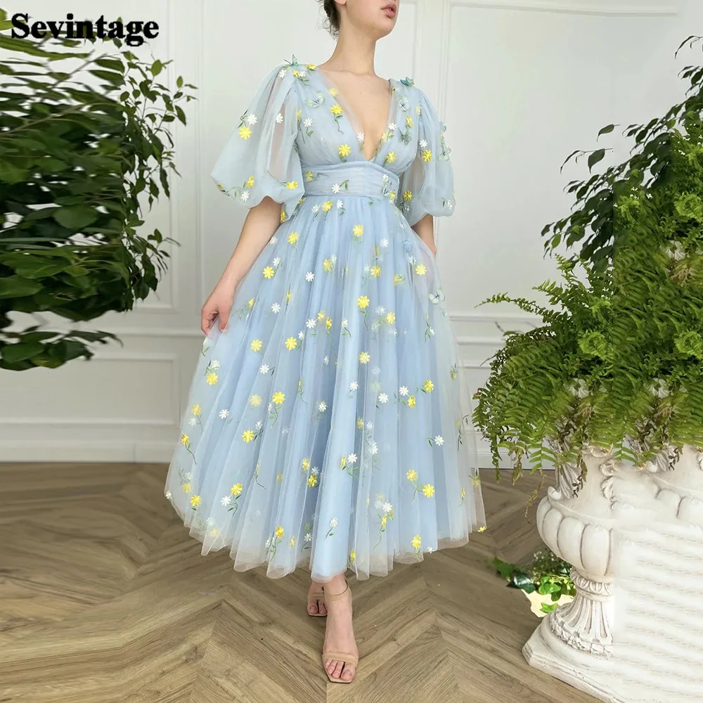 

Платье для выпускного вечера Sevintage, синее Тюлевое платье средней длины с вышивкой, рукавами-фонариками и глубоким V-образным вырезом, платье для свадебной вечеринки, 2022