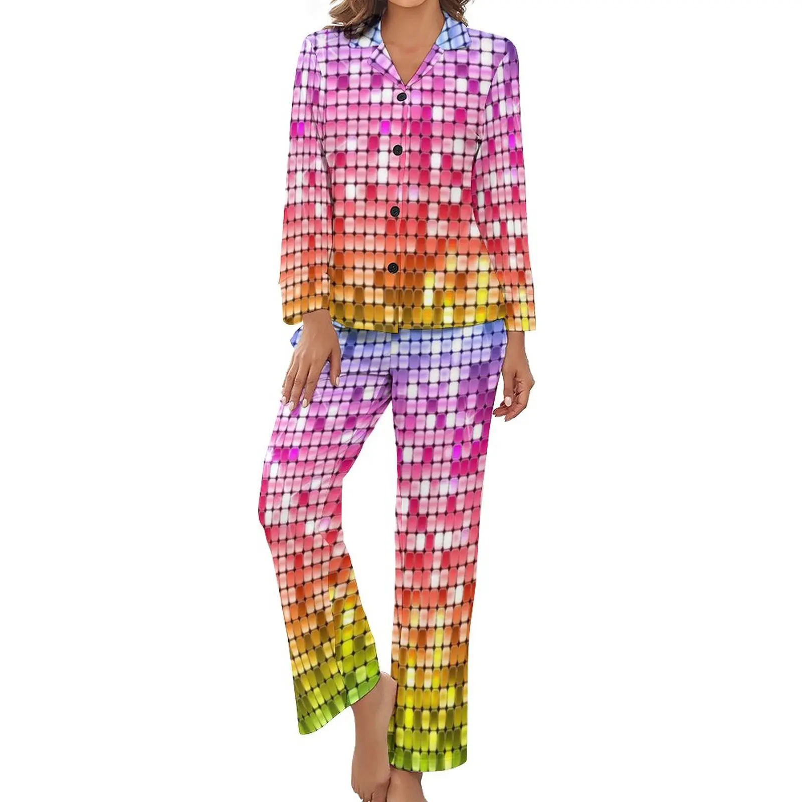 

Sparkly Sequins Print Pajamas Long Sleeve Colorful Rainbow Two Piece Casual Pajama Sets Women V Neck Trendy Nightwear